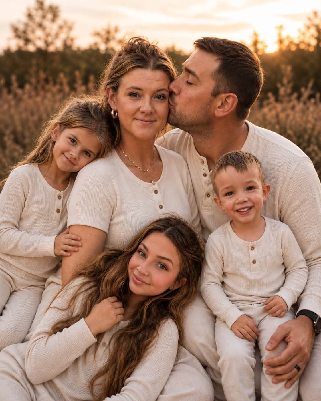 Ashley Heckathorn with her husband Jacob and their three children at golden hour in a Northern Colorado field